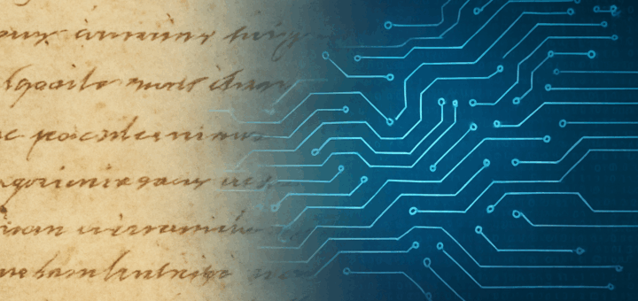 an image of an early modern manuscript fading into electronic circuits